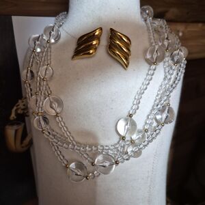 Vintage Clear Multi-Strand Lucite Necklace with Gold Accents